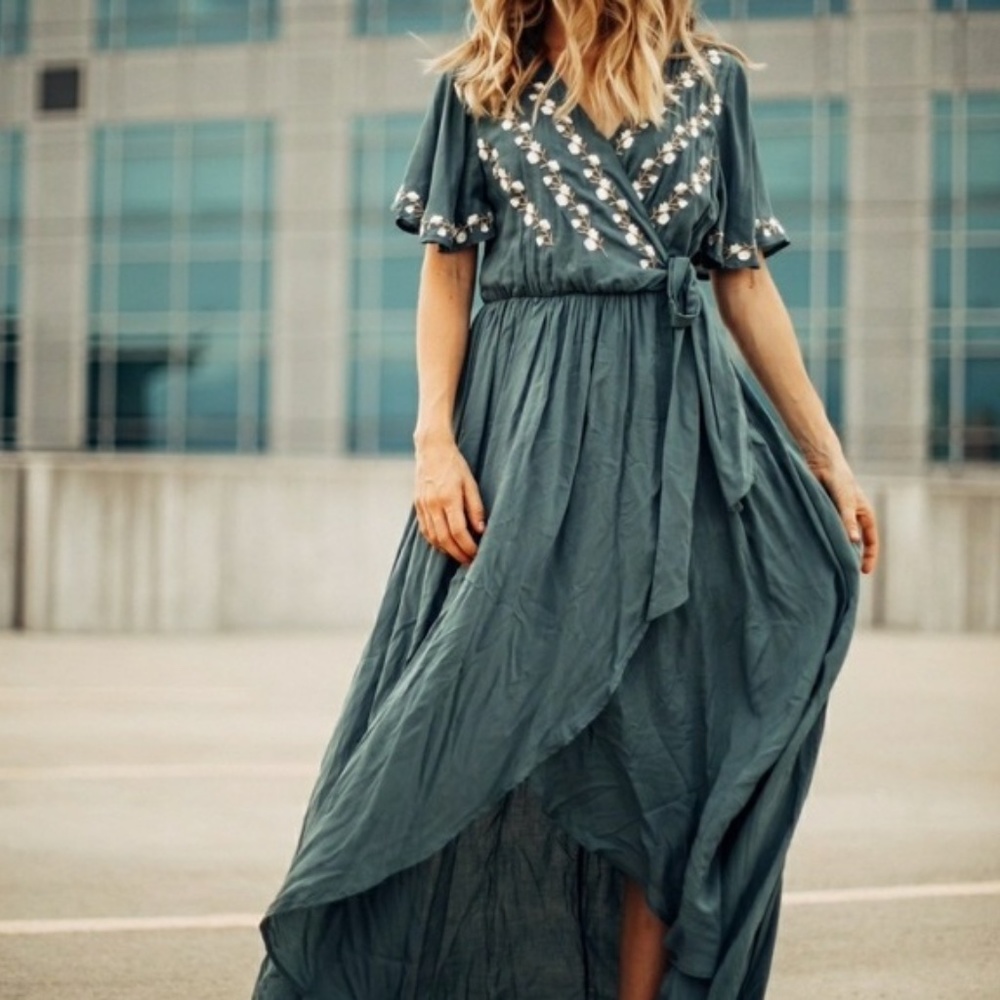 Jodifl Embroidered Sage Green Wrap Dress - Size 2X